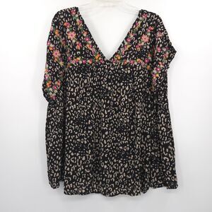 Savanna Jane NWT animal print embroidered babydoll top Size 3X black tan Boho